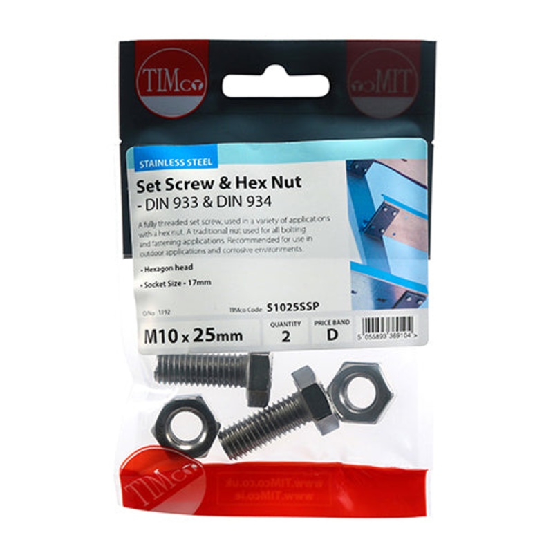 Timco Set Screws & Hex Nuts – Stainless Steel M10 x 25