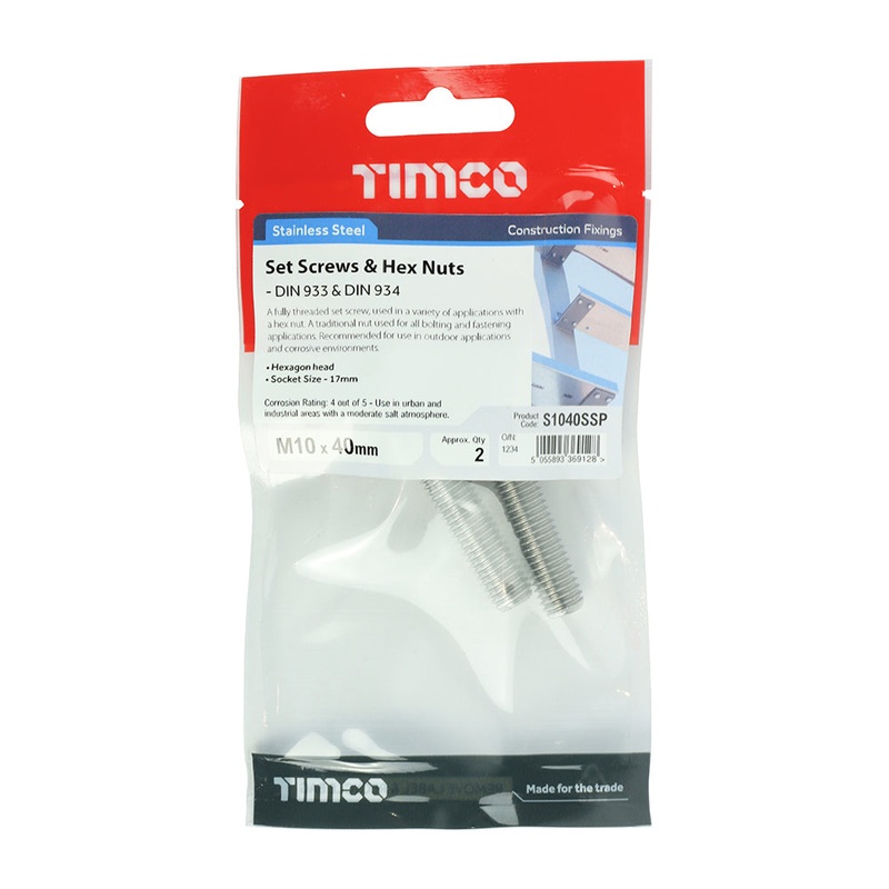 Timco Set Screws & Hex Nuts – Stainless Steel M10 x 40