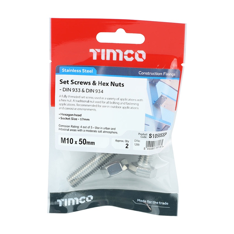 Timco Set Screws & Hex Nuts – Stainless Steel M10 x 50