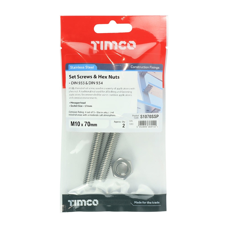 Timco Set Screws & Hex Nuts – Stainless Steel M10 x 70
