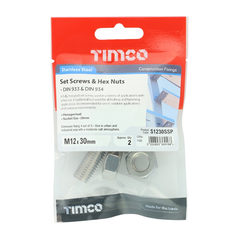 Timco Set Screws & Hex Nuts – Stainless Steel M12 x 30