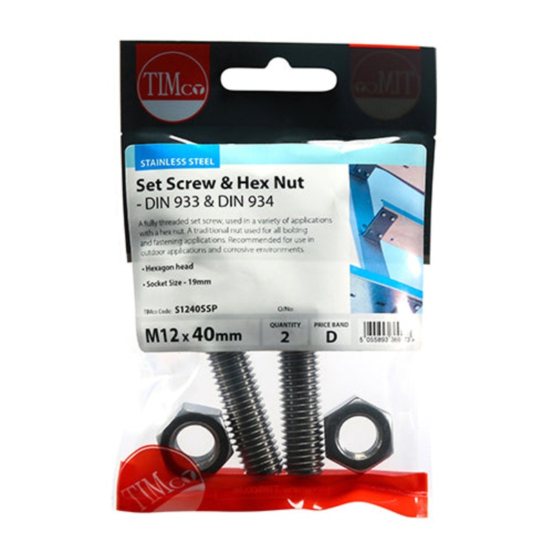 Timco Set Screws & Hex Nuts – Stainless Steel M12 x 40