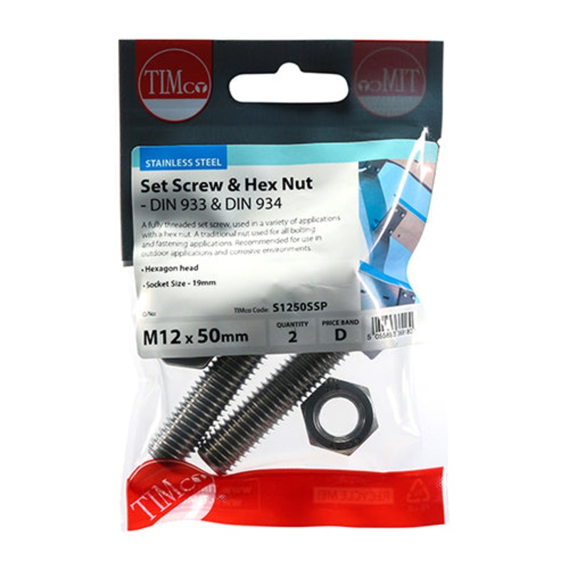 Timco Set Screws & Hex Nuts – Stainless Steel M12 x 50