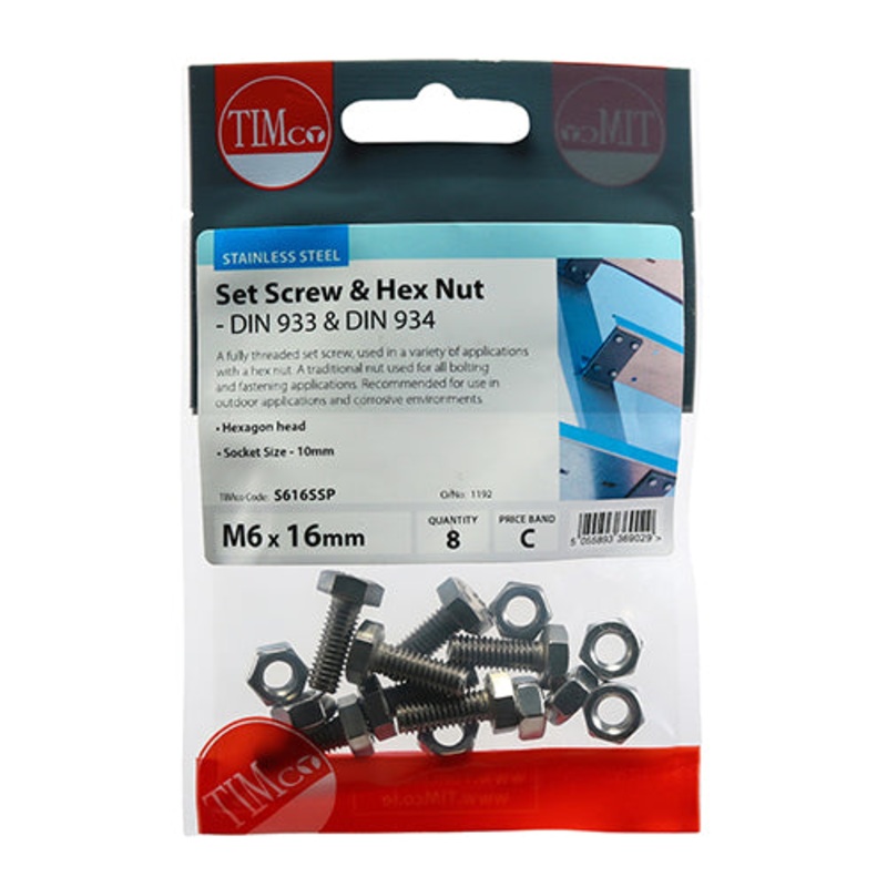 Timco Set Screws & Hex Nuts – Stainless Steel M6 x 16 – 8 Pieces