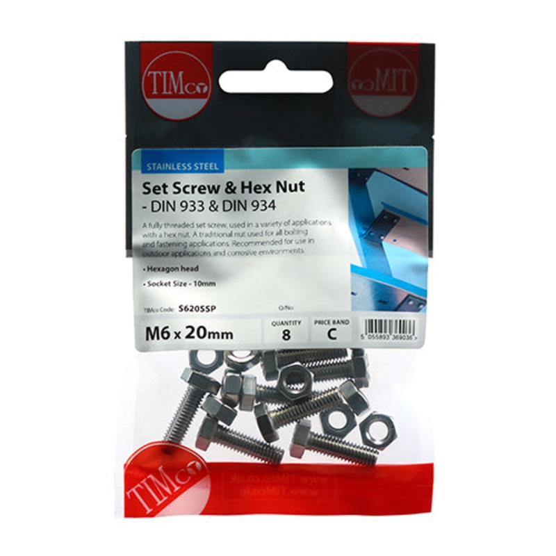 Timco Set Screws & Hex Nuts – Stainless Steel M6 x 20 – 8 Pieces