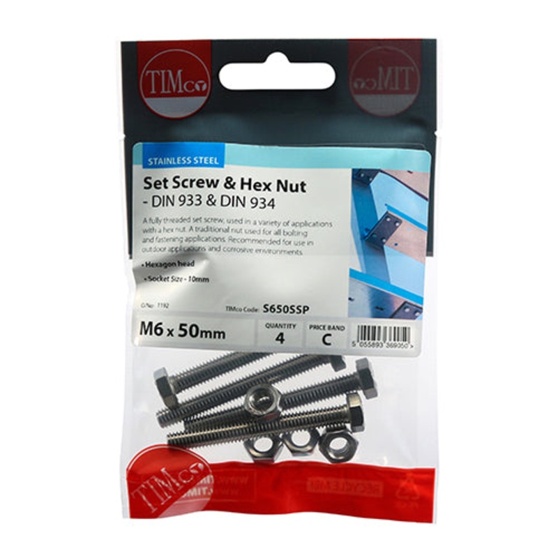 Timco Set Screws & Hex Nuts – Stainless Steel M6 x 50 – 4 Pieces