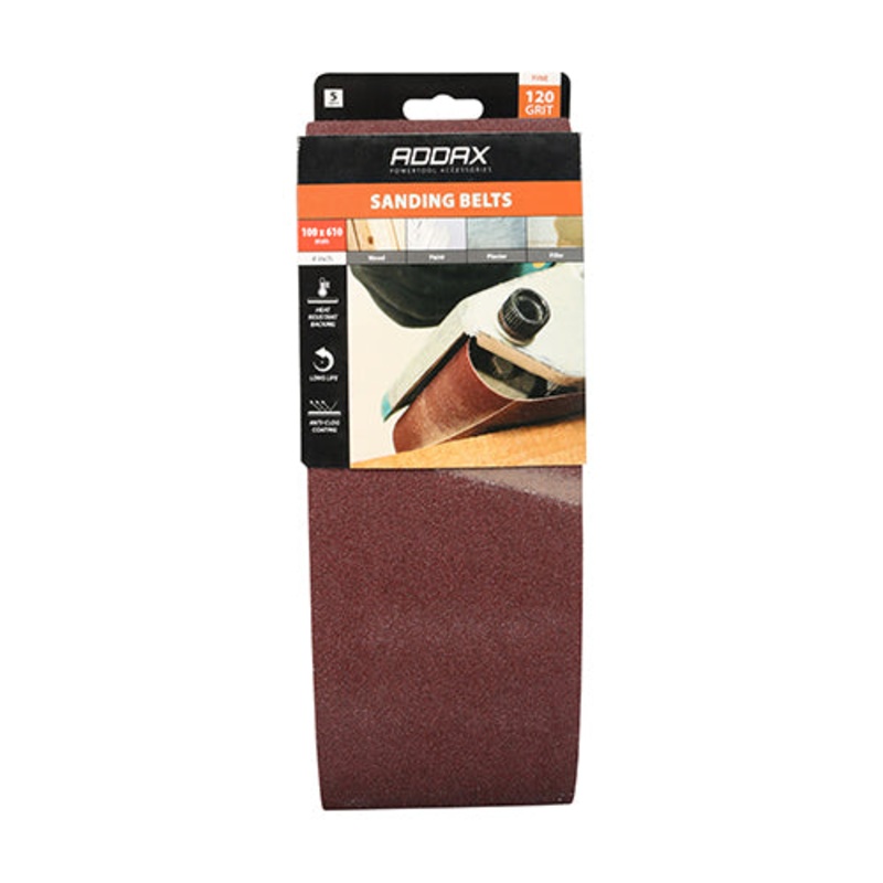 Timco Sanding Belts – 120 Grit – Red 100 x 610mm – 5 Pieces