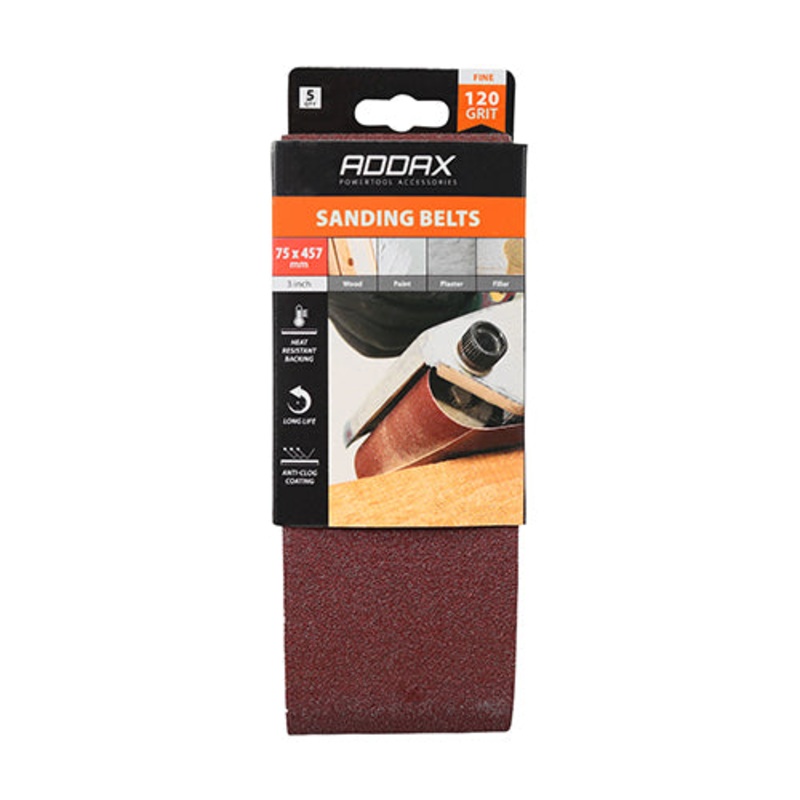 Timco Sanding Belts – 120 Grit – Red 75 x 457mm – 5 Pieces