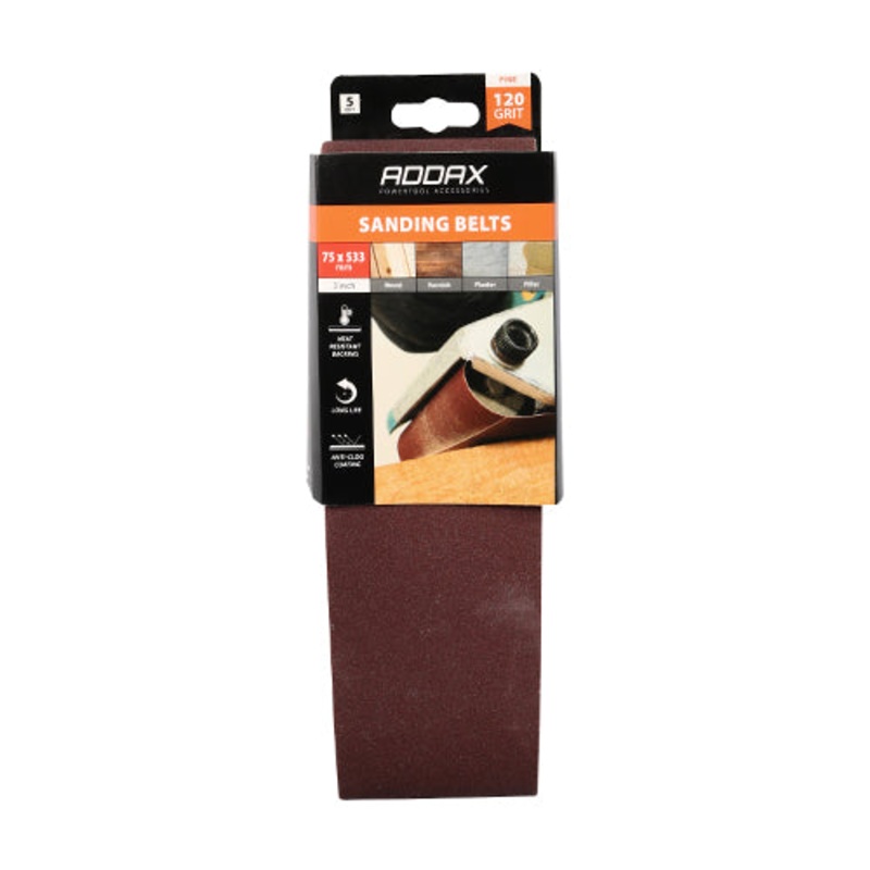 Timco Sanding Belts – 120 Grit – Red 75 x 533mm – 5 Pieces
