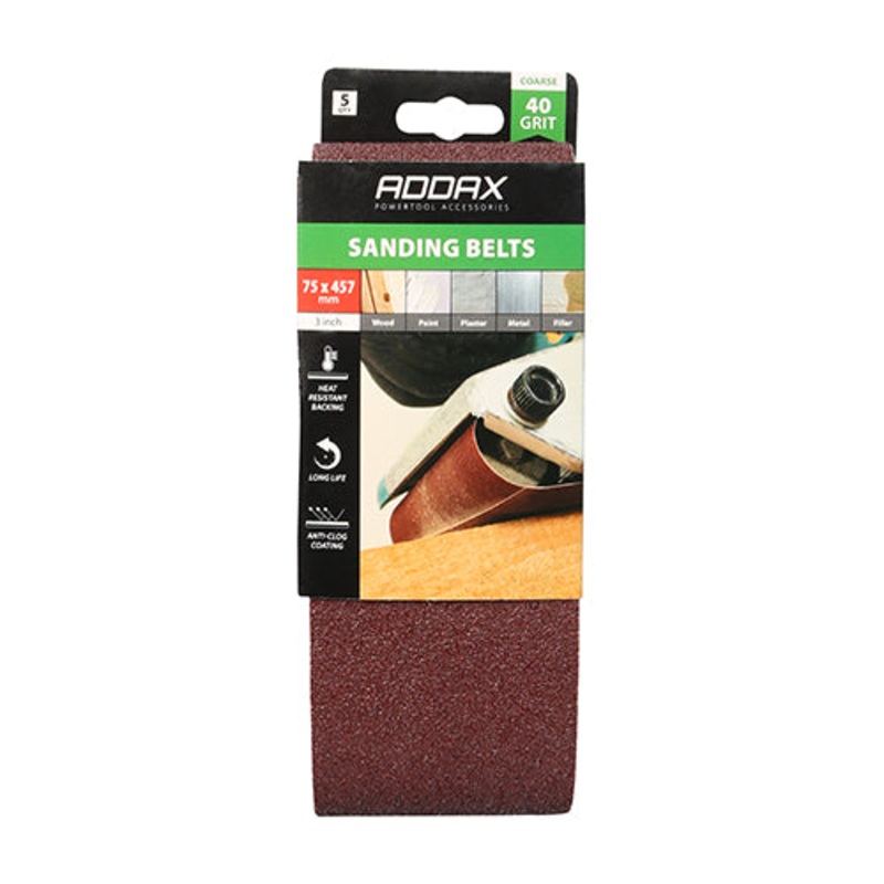 Timco Sanding Belts – 40 Grit – Red 75 x 457mm – 5 Pieces