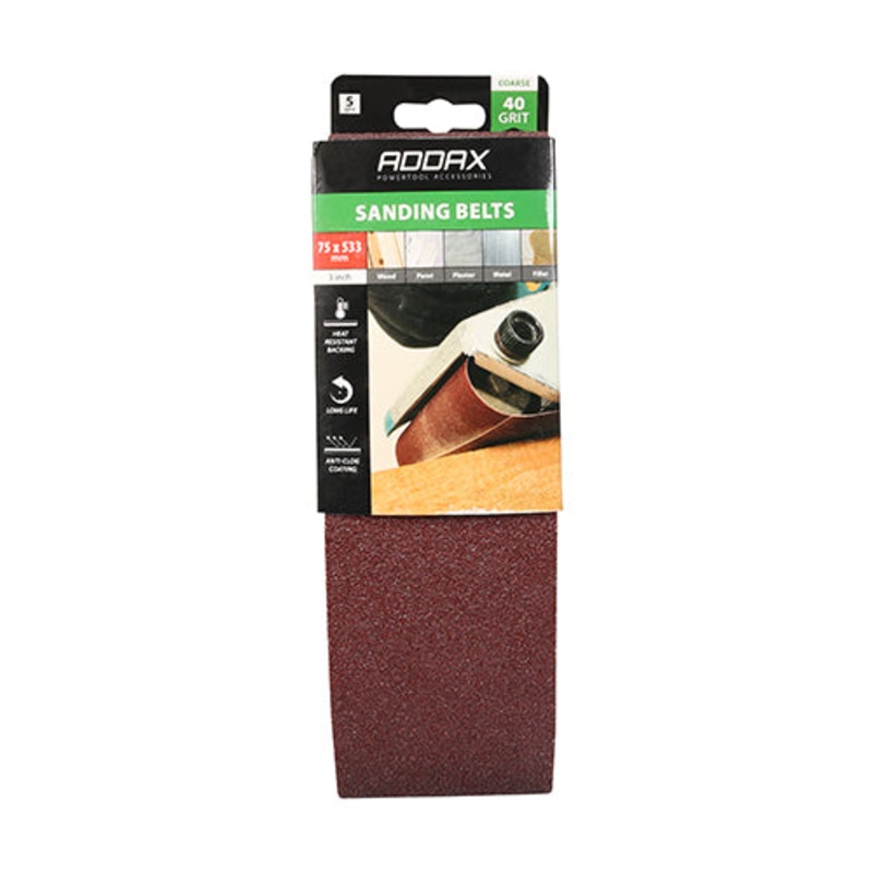 Timco Sanding Belts – 40 Grit – Red 75 x 533mm – 5 Pieces
