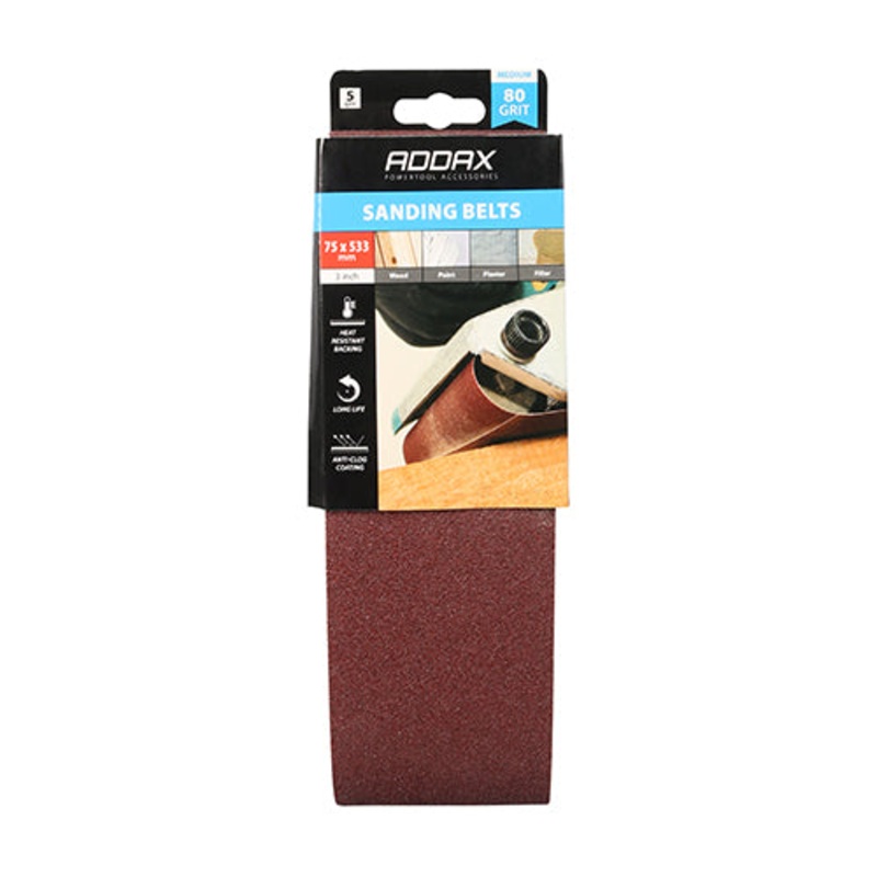 Timco Sanding Belts – 80 Grit – Red 75 x 533mm – 5 Pieces