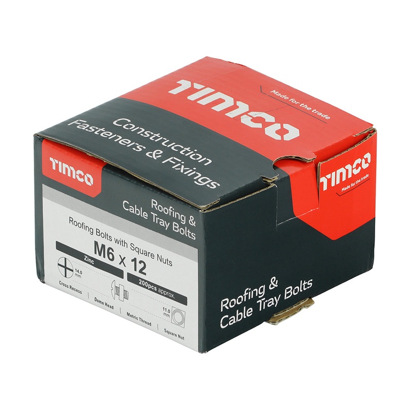 Timco Roofing Bolts with Square Nuts – Zinc M6 x 12 – 200 Pieces
