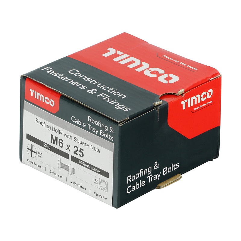 Timco Roofing Bolts with Square Nuts – Zinc M6 x 25 – 100 Pieces