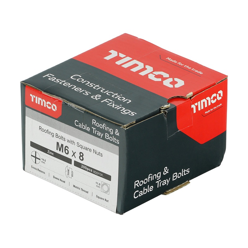 Timco Roofing Bolts with Square Nuts – Zinc M6 x 8 – 200 Pieces