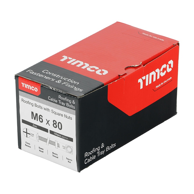 Timco Roofing Bolts with Square Nuts – Zinc M6 x 80 – 100 Pieces