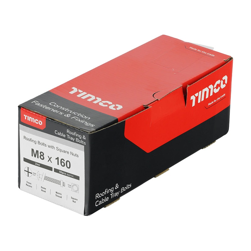 Timco Roofing Bolts with Square Nuts – Zinc M8 x 160 – 50 Pieces