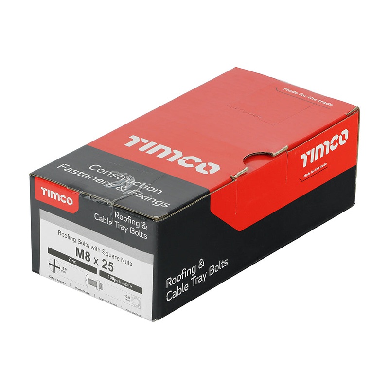 Timco Roofing Bolts with Square Nuts – Zinc M8 x 25 – 100 Pieces