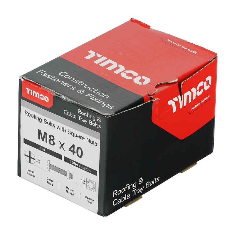 Timco Roofing Bolts with Square Nuts – Zinc M8 x 40 – 100 Pieces