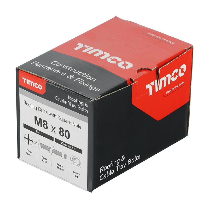 Timco Roofing Bolts with Square Nuts – Zinc M8 x 80 – 50 Pieces