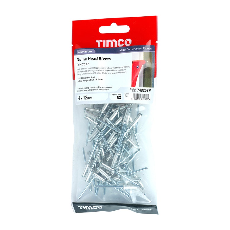 Timco Rivets – Dome Head – Aluminium 4.0 x 12 – 63 Pieces