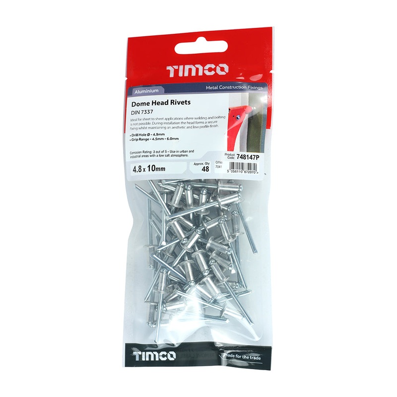 Timco Rivets – Dome Head – Aluminium 4.8 x 10 – 48 Pieces
