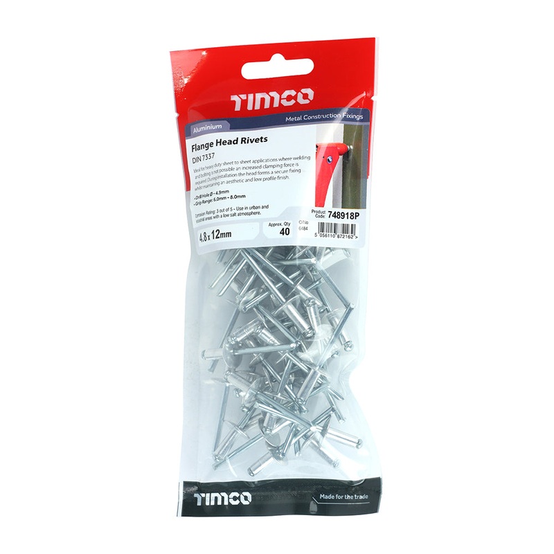 Timco Rivets – Flange Head – Aluminium 4.8 x 12 – 40 Pieces