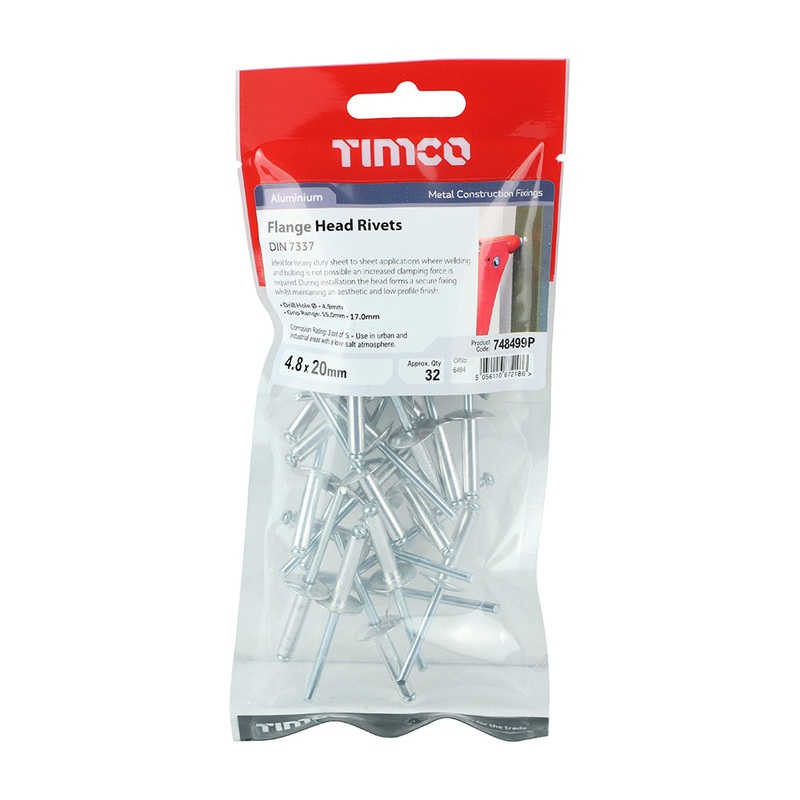 Timco Rivets – Flange Head – Aluminium 4.8 x 20 – 32 Pieces
