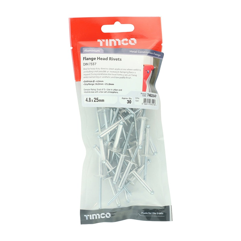 Timco Rivets – Flange Head – Aluminium 4.8 x 25 – 30 Pieces