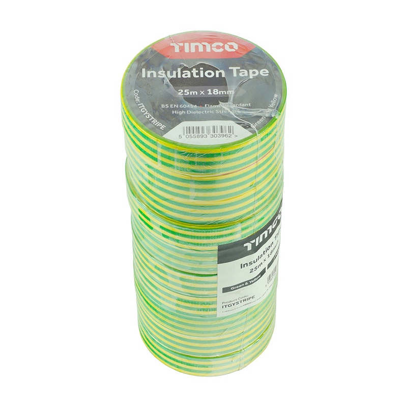 Timco PVC Insulation Tape – Green & Yellow Stripe 25m x 18mm – 10 Pieces