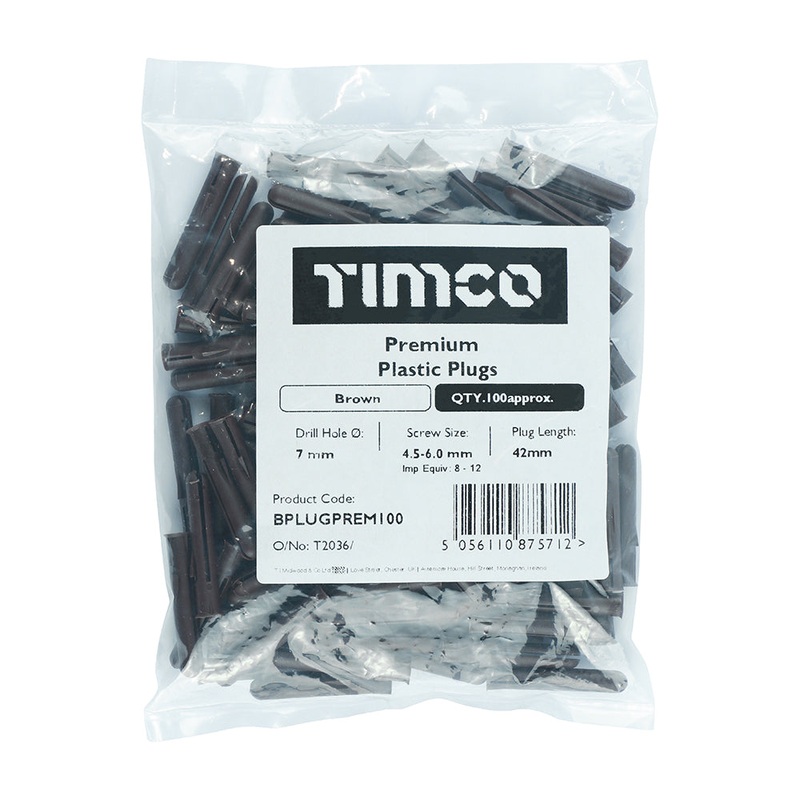 Timco Prem Plastic Plug 100 – Brown 42mm – 100 Pieces