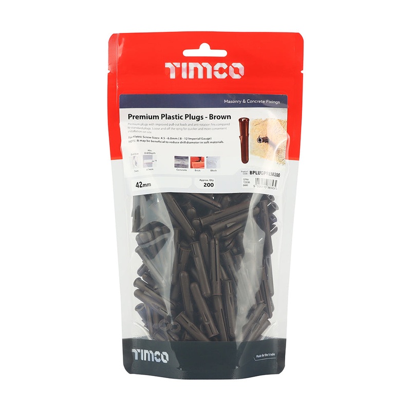 Timco Premium Plastic Plugs – Brown 42mm – 200 Pieces