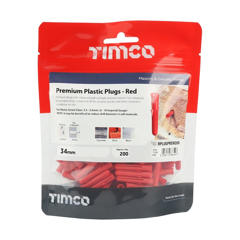 Timco Premium Plastic Plugs – Red 34mm – 200 Pieces