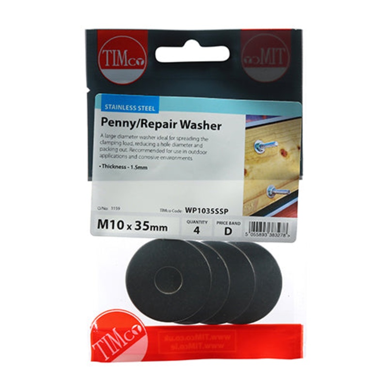 Timco Penny / Repair Washers – Stainless Steel M10 x 35 – 4 Pieces