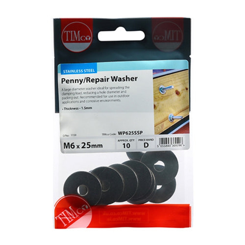 Timco Penny / Repair Washers – Stainless Steel M6 x 25 – 10 Pieces