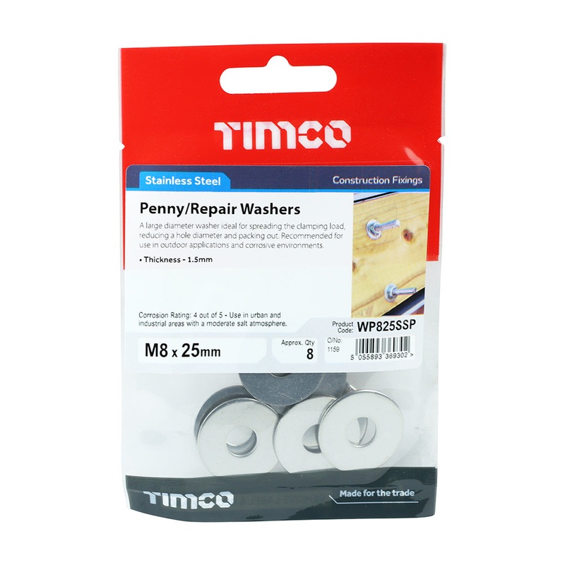 Timco Penny / Repair Washers – Stainless Steel M8 x 25 – 8 Pieces