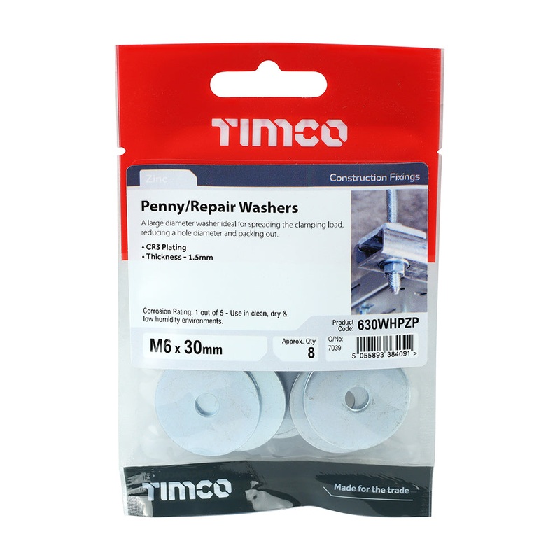 Timco Penny / Repair Washers – Zinc M6 x 30 – 8 Pieces
