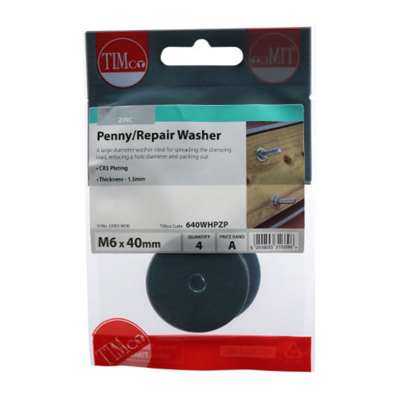 Timco Penny / Repair Washers – Zinc M6 x 40 – 4 Pieces