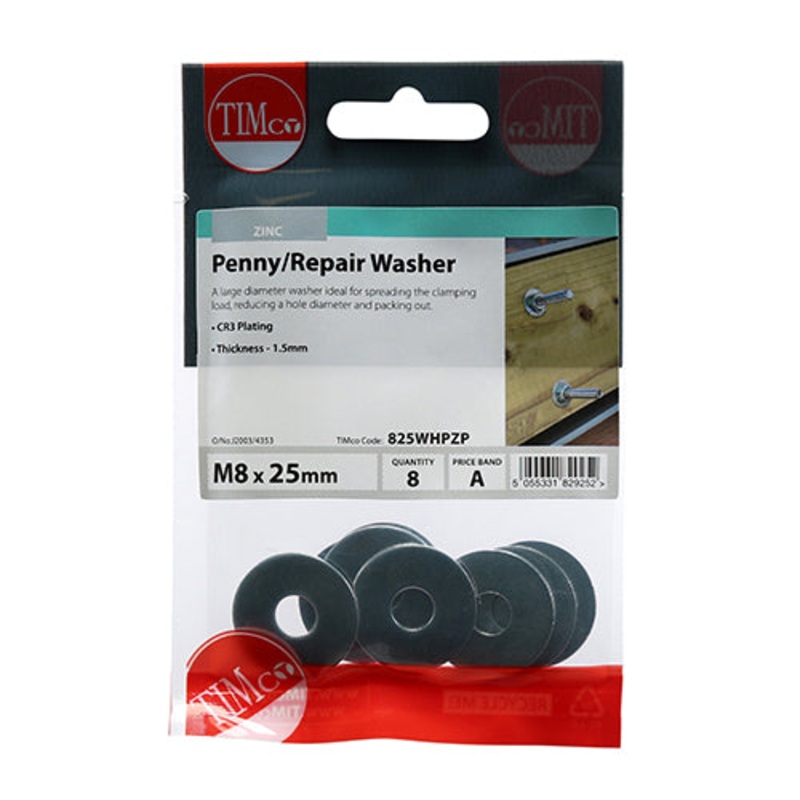 Timco Penny / Repair Washers – Zinc M8 x 25 – 8 Pieces