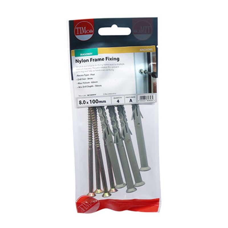 Timco Nylon Frame Fixings – PZ – Yellow 8.0 x 100 – 4 Pieces