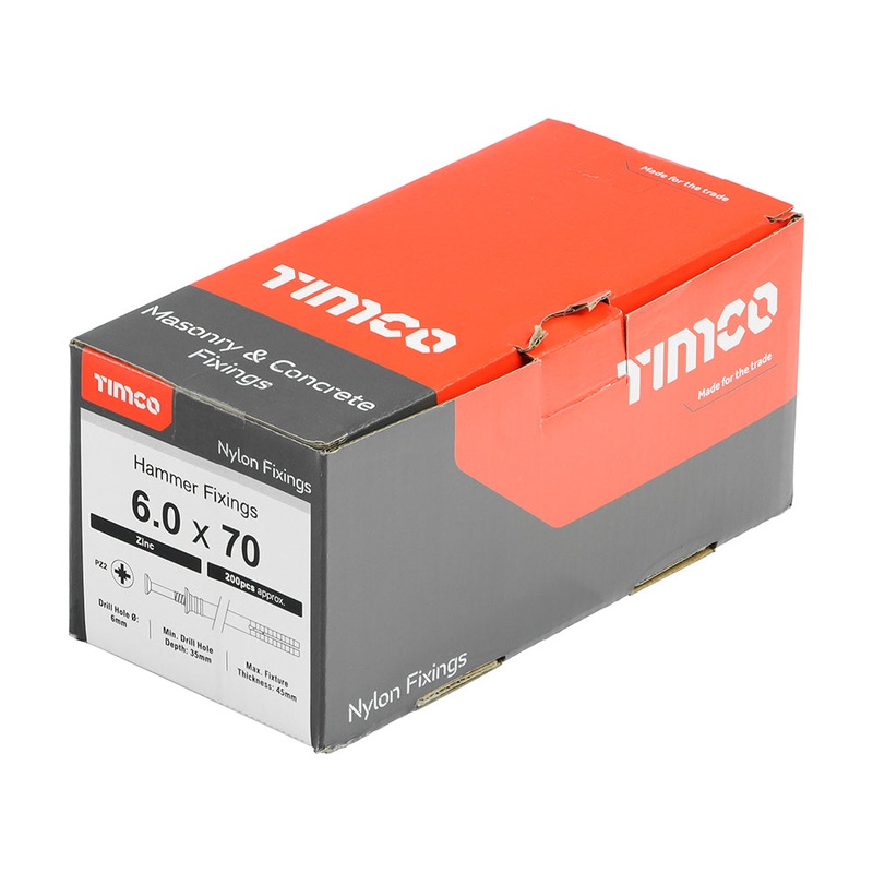 Timco Nylon Hammer Fixing – PZ – Zinc 6.0 x 70 – 200 Pieces
