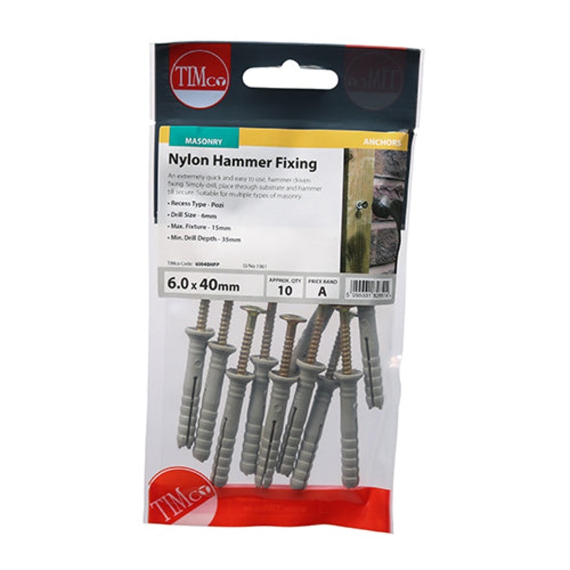 Timco Nylon Hammer Fixings – PZ – Yellow 6.0 x 40 – 10 Pieces
