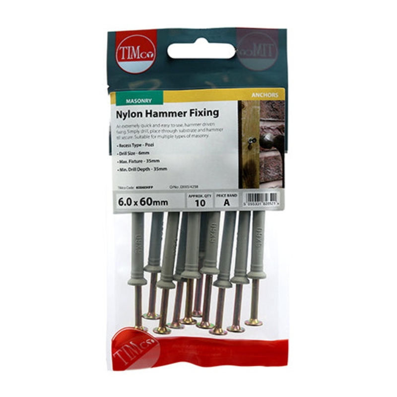 Timco Nylon Hammer Fixings – PZ – Yellow 6.0 x 60 – 10 Pieces