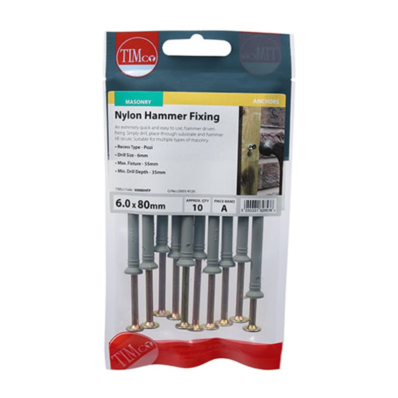 Timco Nylon Hammer Fixings – PZ – Yellow 6.0 x 80 – 10 Pieces