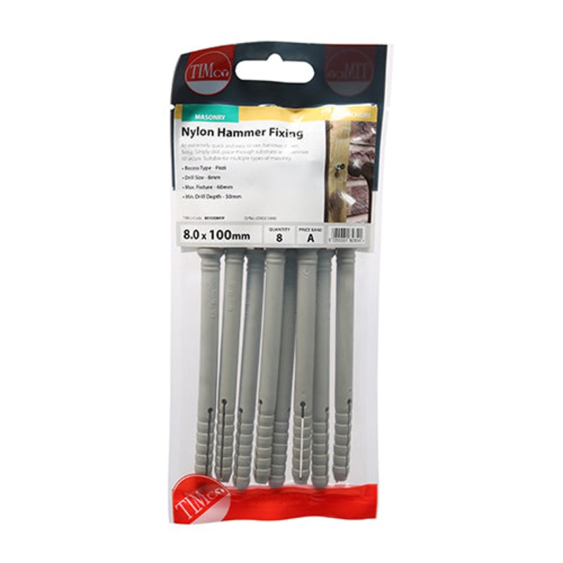 Timco Nylon Hammer Fixings – PZ – Yellow 8.0 x 100 – 8 Pieces