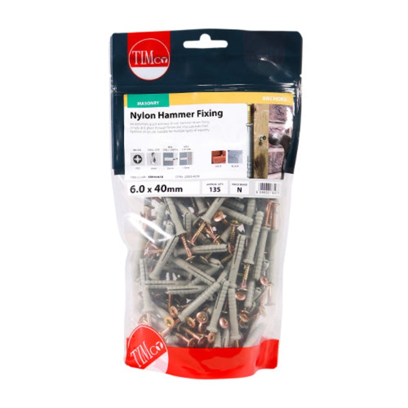 Timco Nylon Hammer Fixings – PZ – Zinc 6.0 x 40 – 135 Pieces