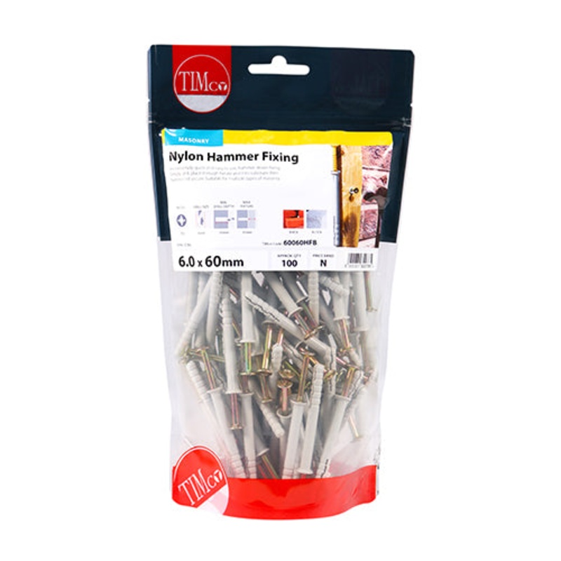 Timco Nylon Hammer Fixings – PZ – Zinc 6.0 x 60 – 100 Pieces
