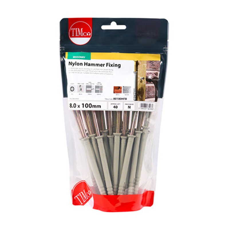 Timco Nylon Hammer Fixings – PZ – Zinc 8.0 x 100 – 40 Pieces