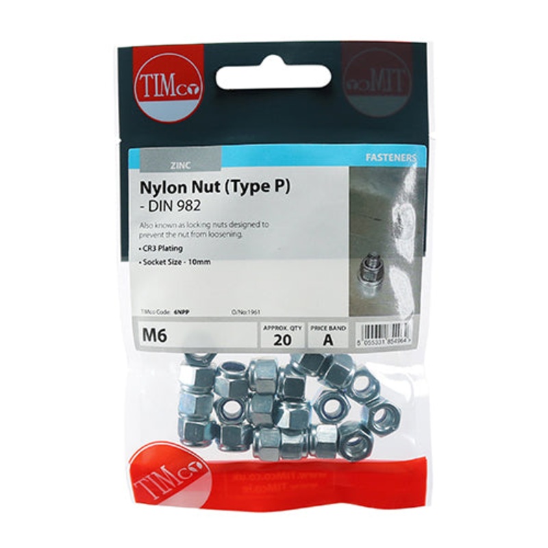 Timco Nylon Nuts – Type P – Zinc M6 – 20 Pieces