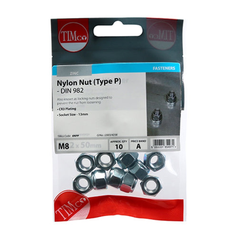 Timco Nylon Nuts – Type P – Zinc M8 – 10 Pieces